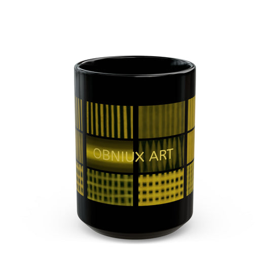 Abstract Gold Grid Black Mug — Obniux Art Ceramic Coffee Cup (11oz/15oz)