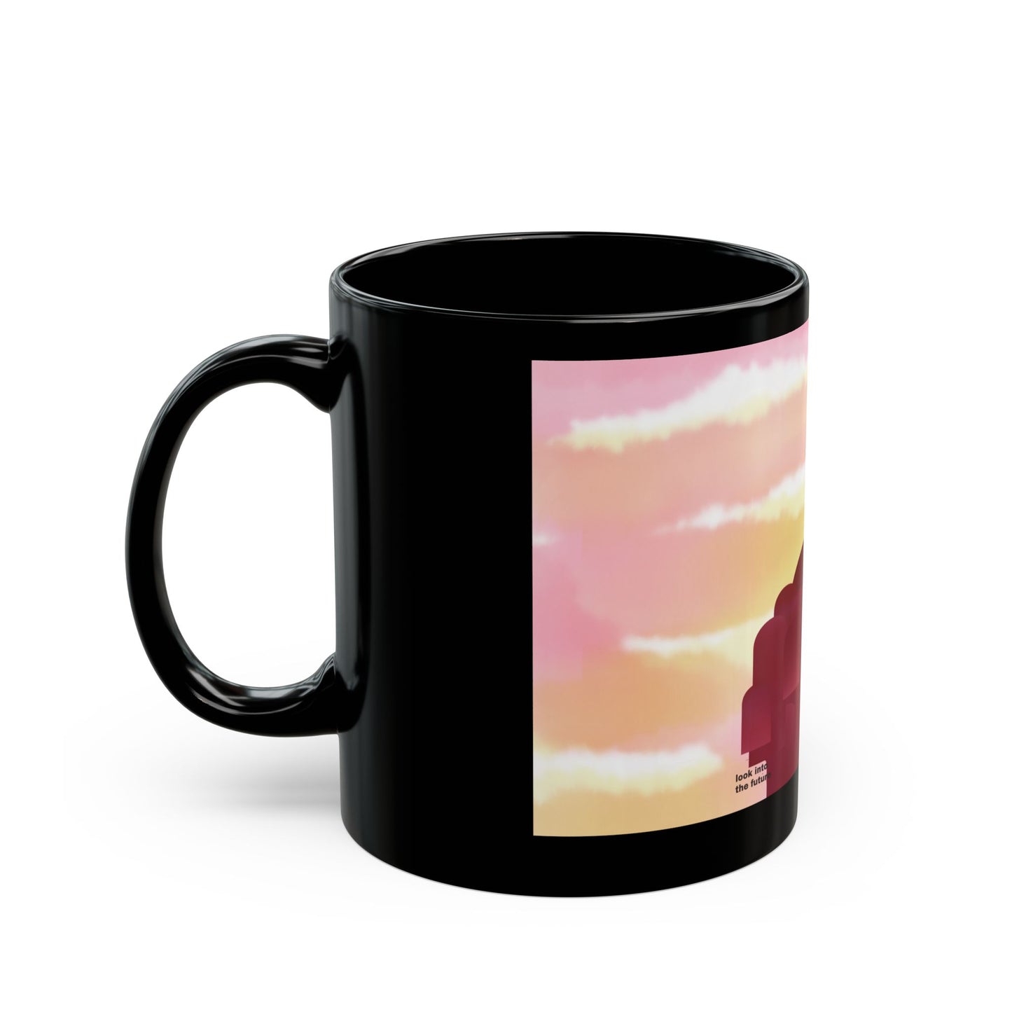 Desert Sunset "windows of the Future" Black Mug — Minimalist Red Rock Silhouette Cup (11oz/15oz)