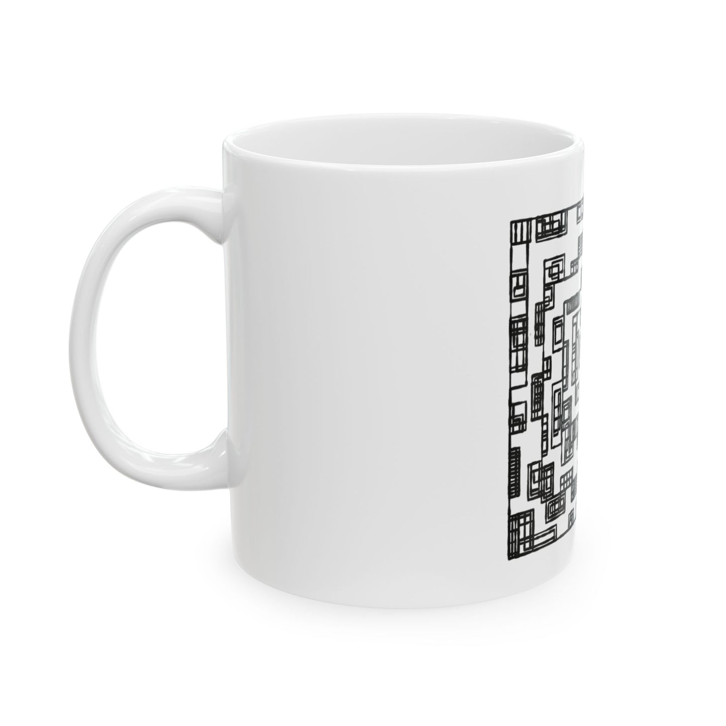Abstract Maze Ceramic Mug — Black Geometric Spiral Coffee Cup (11oz, 15oz)