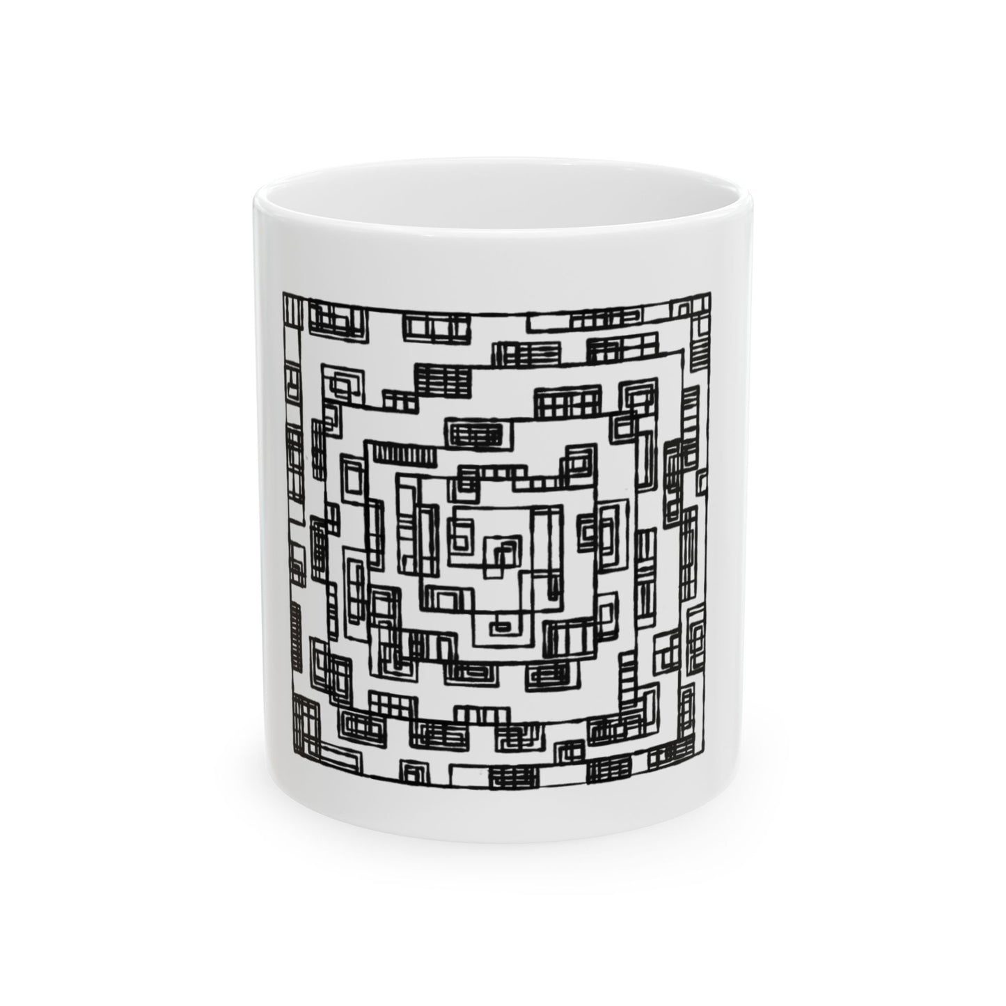 Abstract Maze Ceramic Mug — Black Geometric Spiral Coffee Cup (11oz, 15oz)