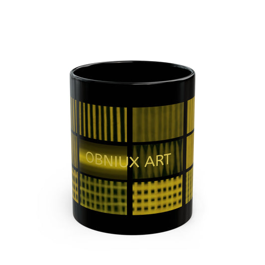 Abstract Gold Grid Black Mug — Obniux Art Ceramic Coffee Cup (11oz/15oz)