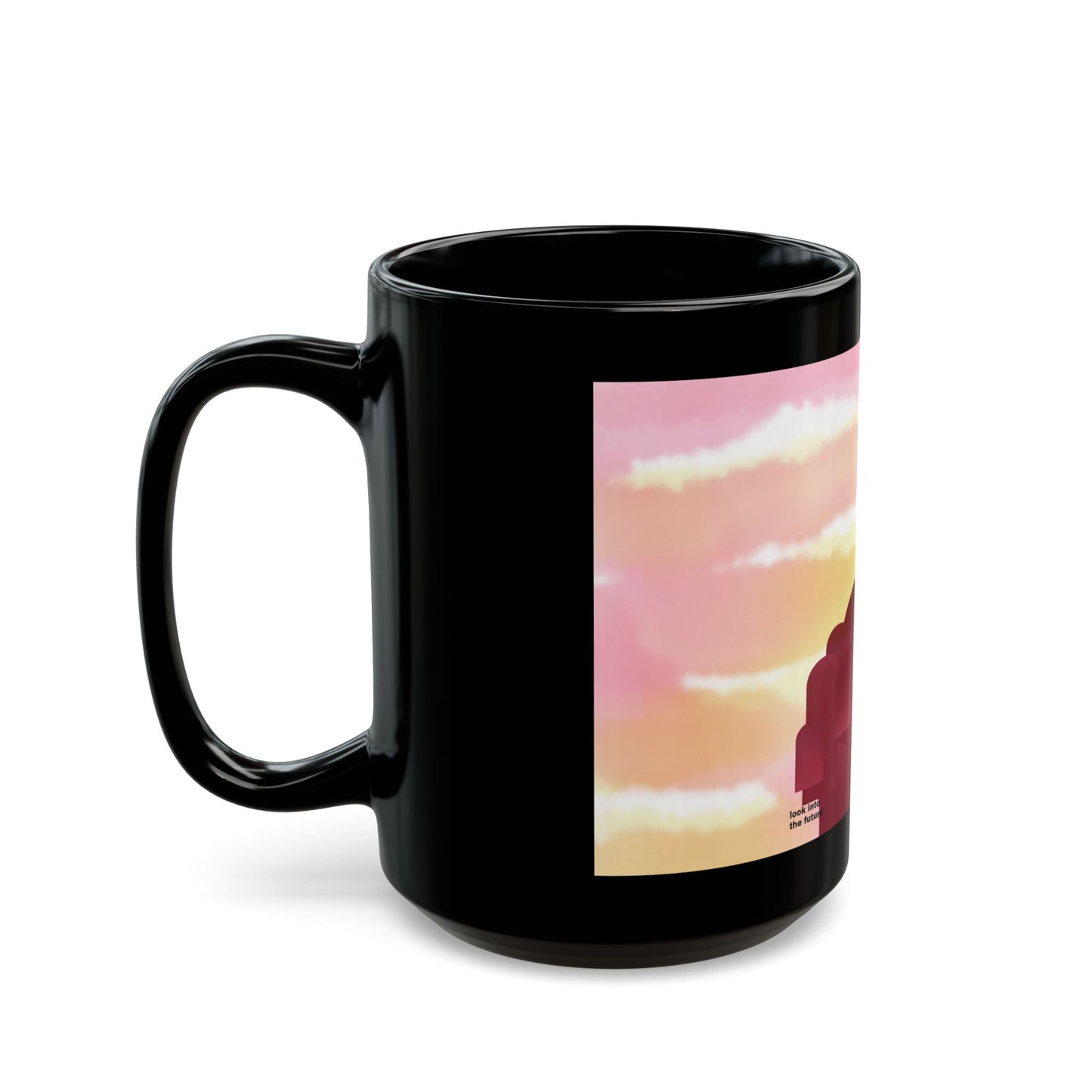 Desert Sunset "windows of the Future" Black Mug — Minimalist Red Rock Silhouette Cup (11oz/15oz)