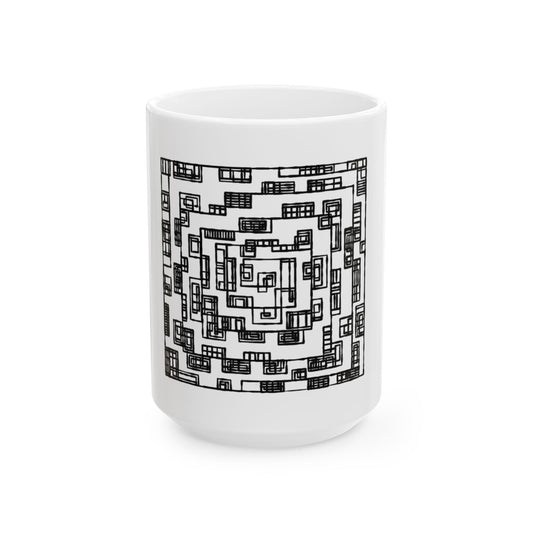 Abstract Maze Ceramic Mug — Black Geometric Spiral Coffee Cup (11oz, 15oz)