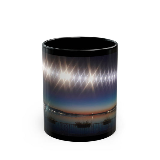 Black Ceramic Mug — Night Harbor Light Reflection Design in Switzerland(11oz, 15oz)