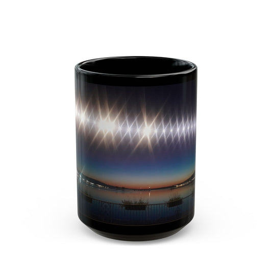 Black Ceramic Mug — Night Harbor Light Reflection Design in Switzerland(11oz, 15oz)
