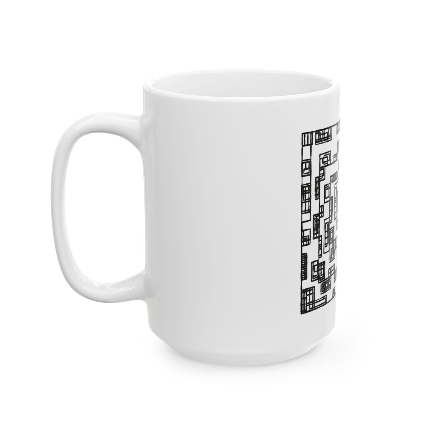 Abstract Maze Ceramic Mug — Black Geometric Spiral Coffee Cup (11oz, 15oz)